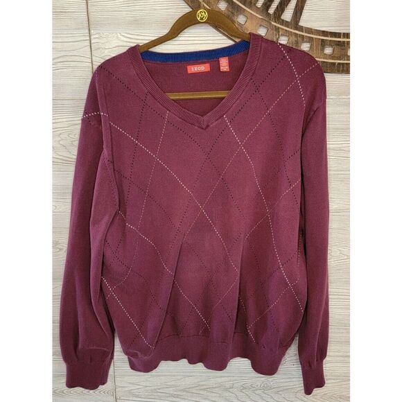 IZOD Maroon Argyle Knit Sweater Mens Sz 2XL Golf Shirt Preppy - Picture 1 of 4
